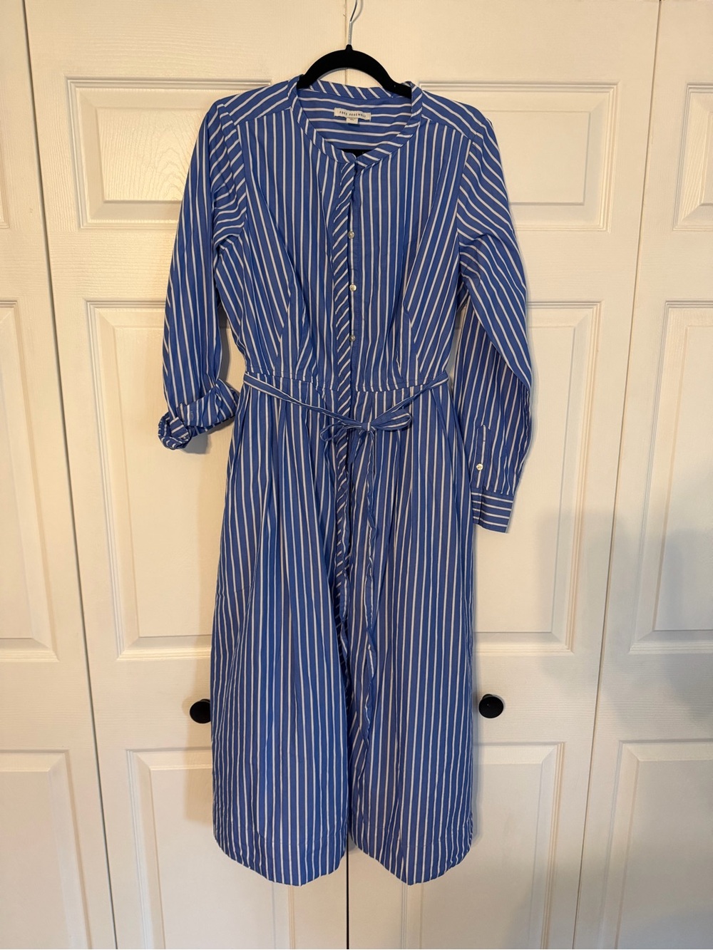 Blue and White Striped Long-Sleeve Shirt Dress with Tie Waist